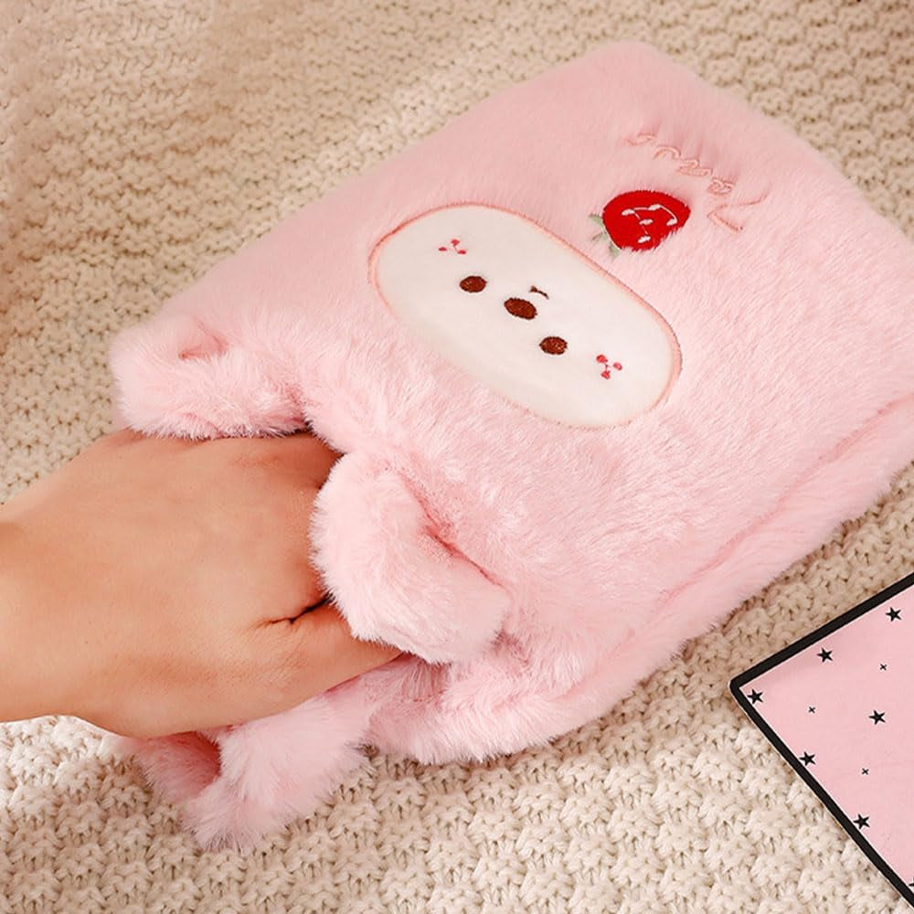 Fluffy Hot Water Bottle with Cover, DE Wärmflasche Tier 1000ML Small Hot Water Bottle, Hot Water Bag for Pain Relief, Great Gift for Seniors Children (Pink)