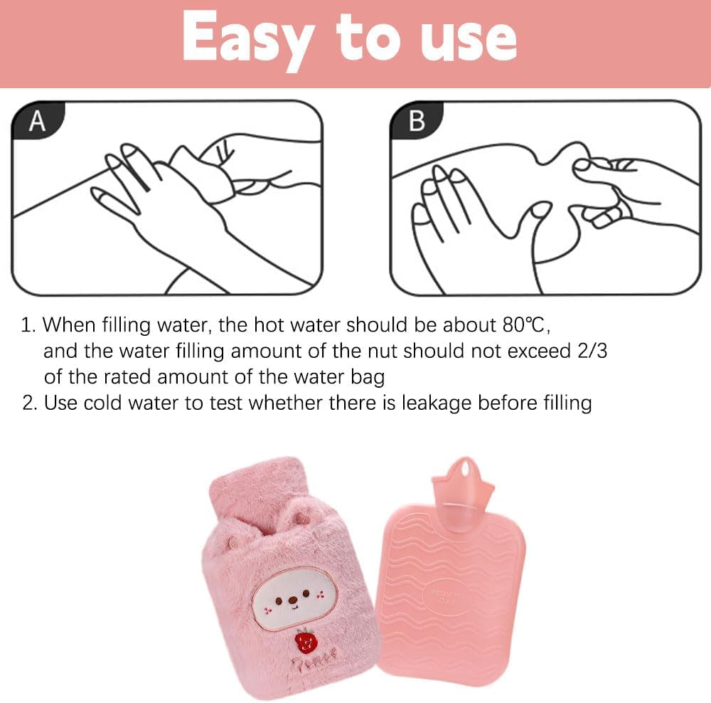 Fluffy Hot Water Bottle with Cover, DE Wärmflasche Tier 1000ML Small Hot Water Bottle, Hot Water Bag for Pain Relief, Great Gift for Seniors Children (Pink)