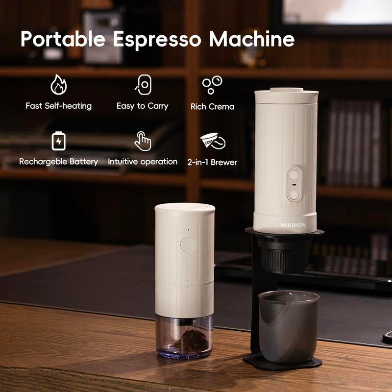 MUUWOW Nano Portable Espresso Maker (Free Grinder) 15Bar Professional High-Pressure Extraction,2-In-1 Brewing Capsules & Ground Coffee,Self-Heating with USB-C 7500Mah Battery,Home & Outdoor