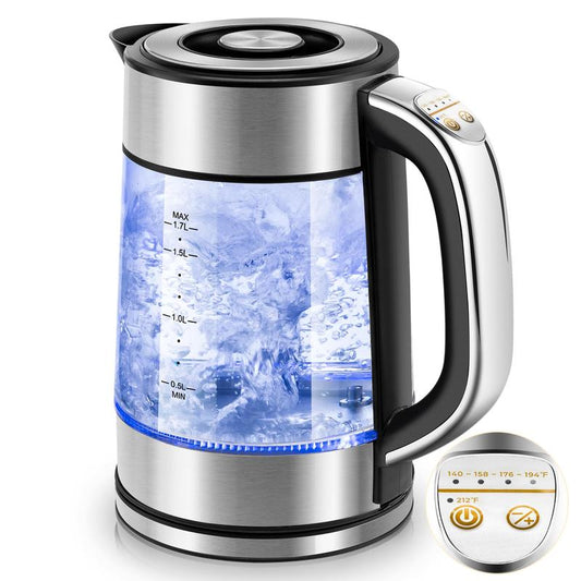 White Electric Kettle 1.7L Double Wall Water Boiler 1200W with Cold Water Boil Auto Shut-Off & Boil-Dry Protection, Durable Household Appliances
