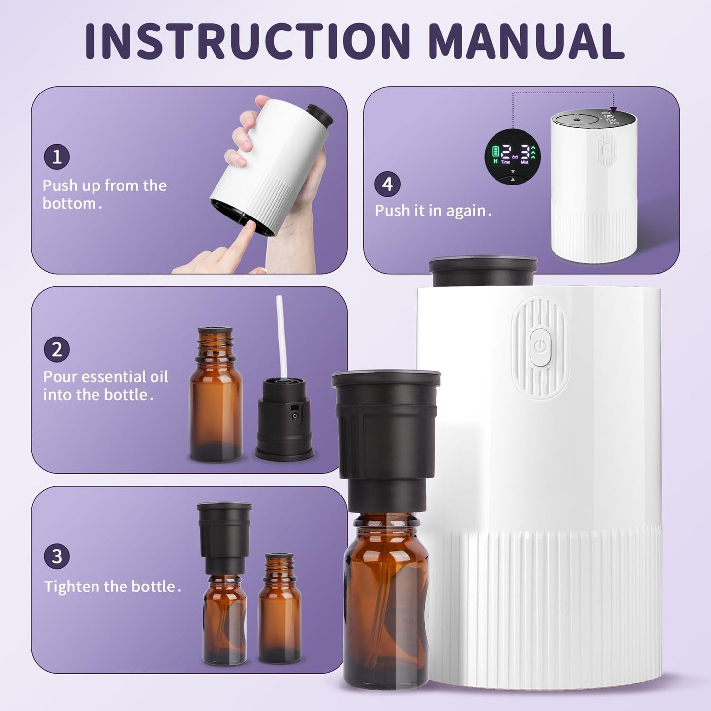 Waterless Diffuser for Essential Oil: Portable Nebulizing Essential Oil Diffuser, Aroma Diffuser for Car, Travel Use, Home