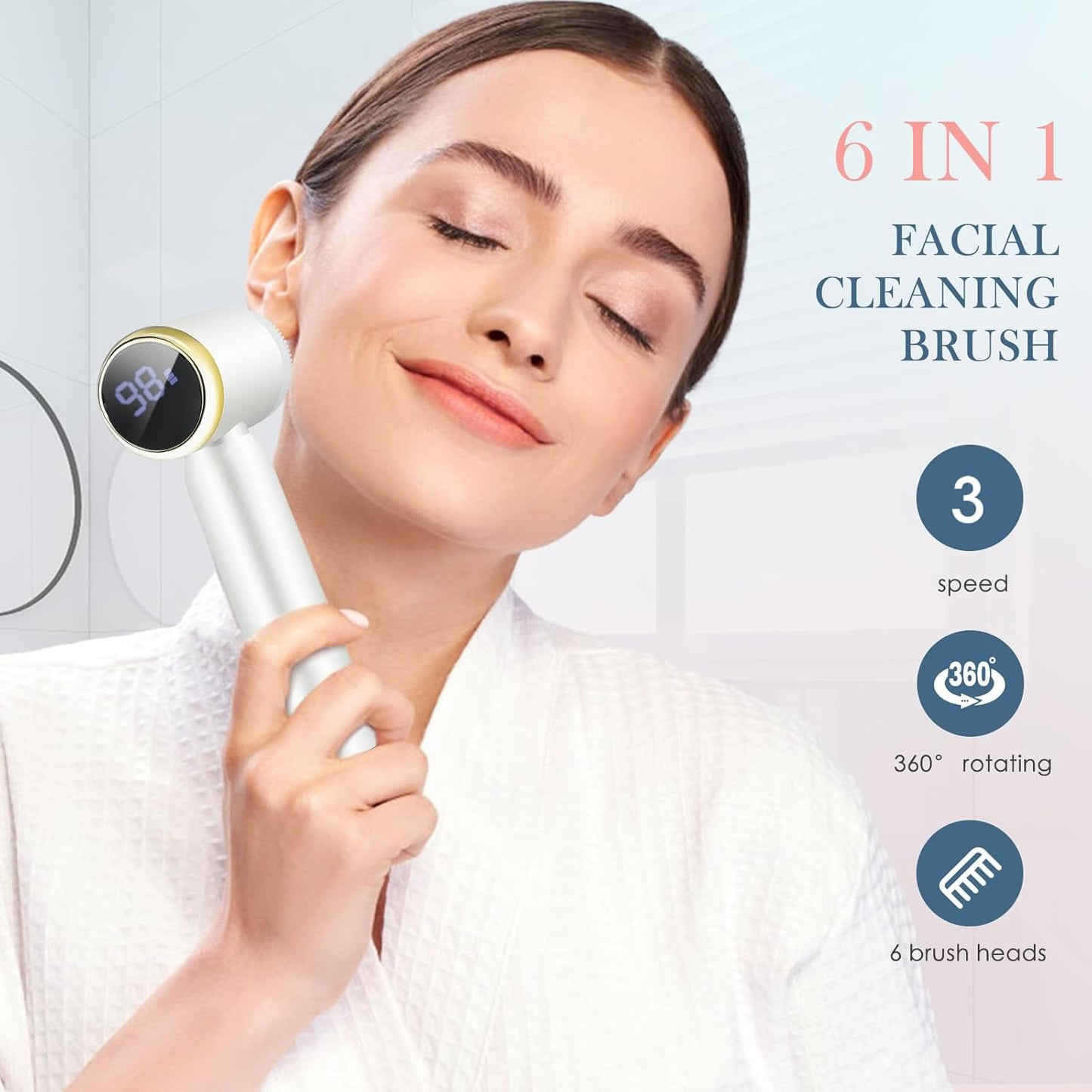 Facial Cleansing Brush,Electric Face Cleanser with 6 Exfoliating Brush Heads,Usb Rechargeable Face Brush with 3 Speed Levels,Waterproof Facial Brush,Lcd Display,360ยฐ Rotating Facial Brush for Cleaning
