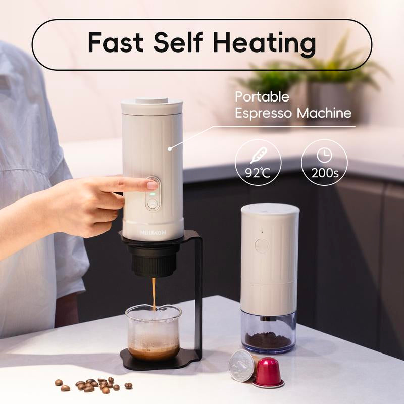 MUUWOW Nano Portable Espresso Maker (Free Grinder) 15Bar Professional High-Pressure Extraction,2-In-1 Brewing Capsules & Ground Coffee,Self-Heating with USB-C 7500Mah Battery,Home & Outdoor