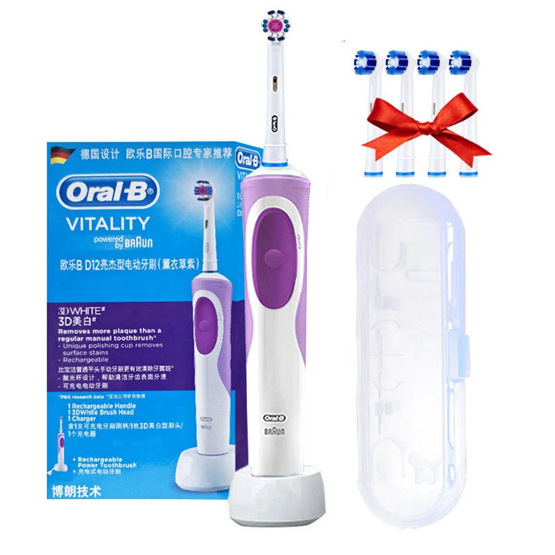 Oral B Electric Toothbrush D12 Rotation, Vitality Smart Tooth Brush, Rechargeable Replaceable Brush Head, 4 Refills + Box