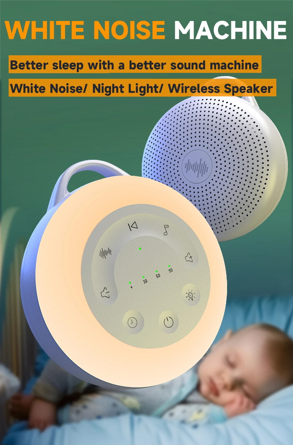 Portable White Noise Sound Machine For Kids and Adults with Night Light