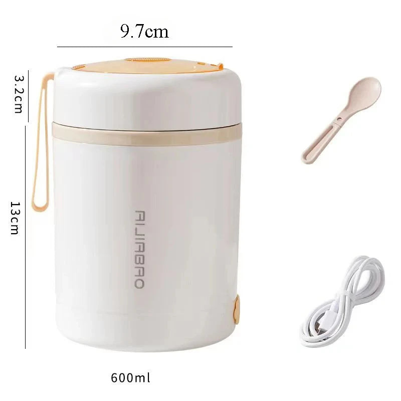600ML USB Electric Heating Lunch Box, Portable For Picnic, Drink and Food Heater, Stainless Steel Food Warmer Container
