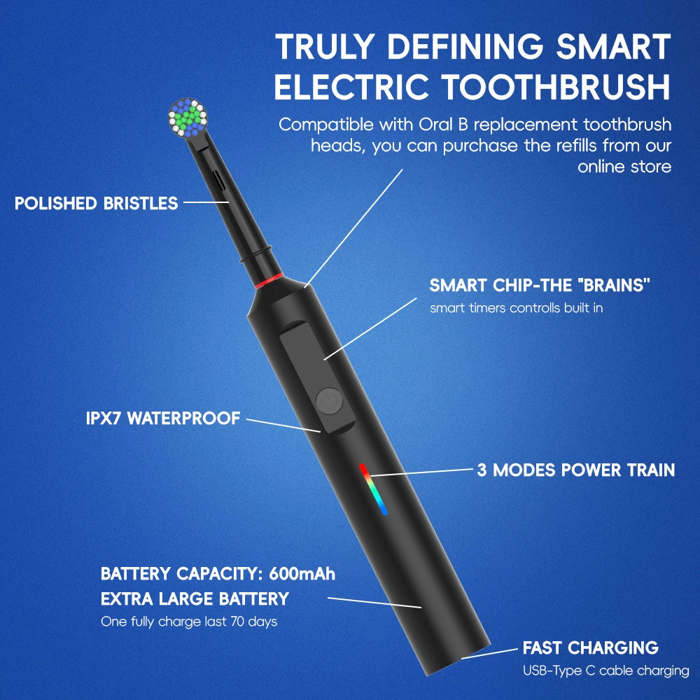 Smart Rotating Electric Toothbrush, Rechargeable Rotary Toothbrush Heads, Compatible with Oral B Replacement Brush Heads