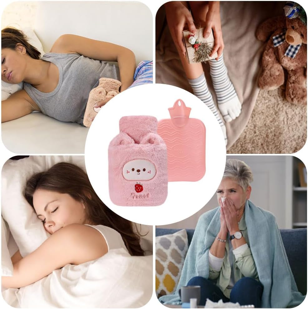 Fluffy Hot Water Bottle with Cover, DE Wärmflasche Tier 1000ML Small Hot Water Bottle, Hot Water Bag for Pain Relief, Great Gift for Seniors Children (Pink)