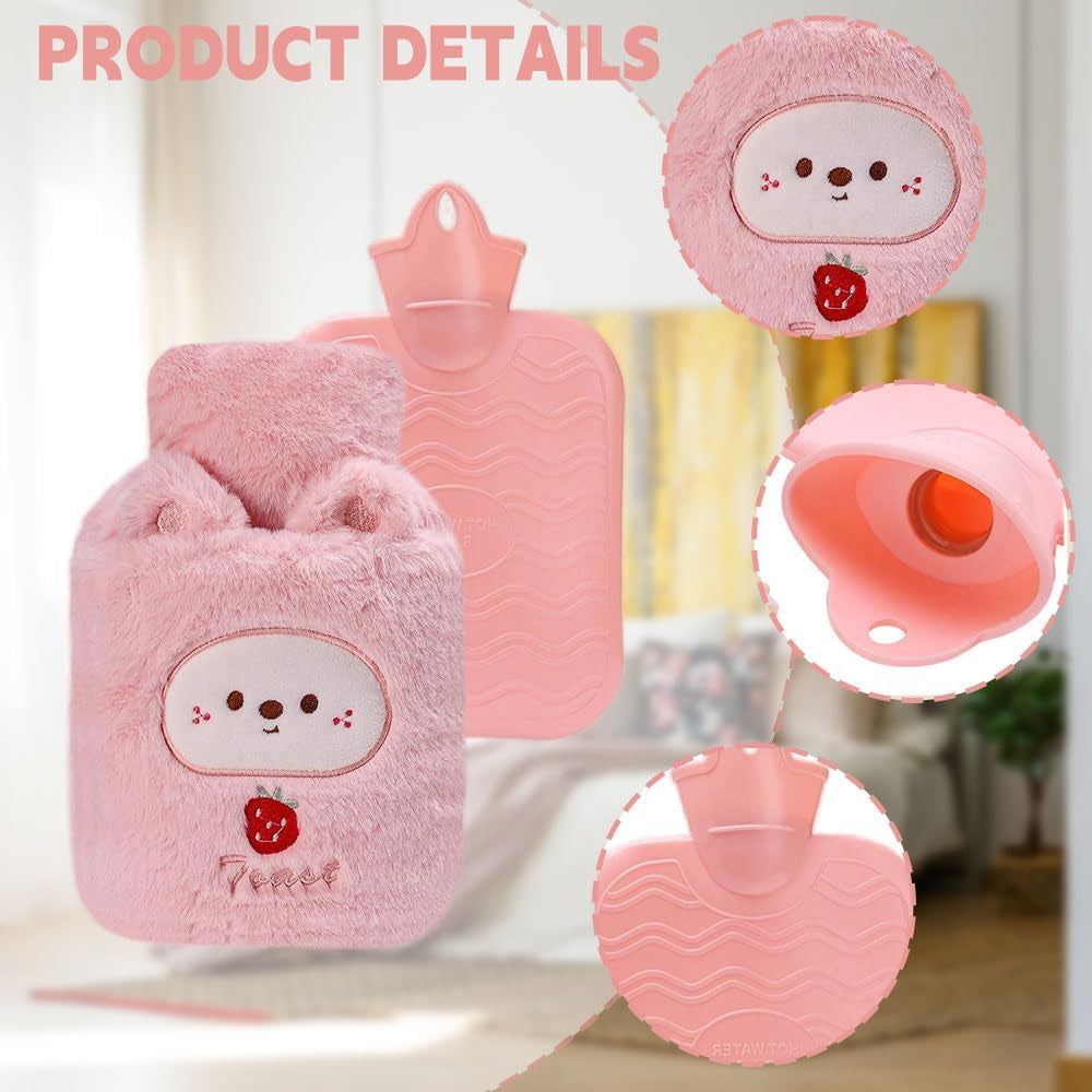 Fluffy Hot Water Bottle with Cover, DE Wärmflasche Tier 1000ML Small Hot Water Bottle, Hot Water Bag for Pain Relief, Great Gift for Seniors Children (Pink)