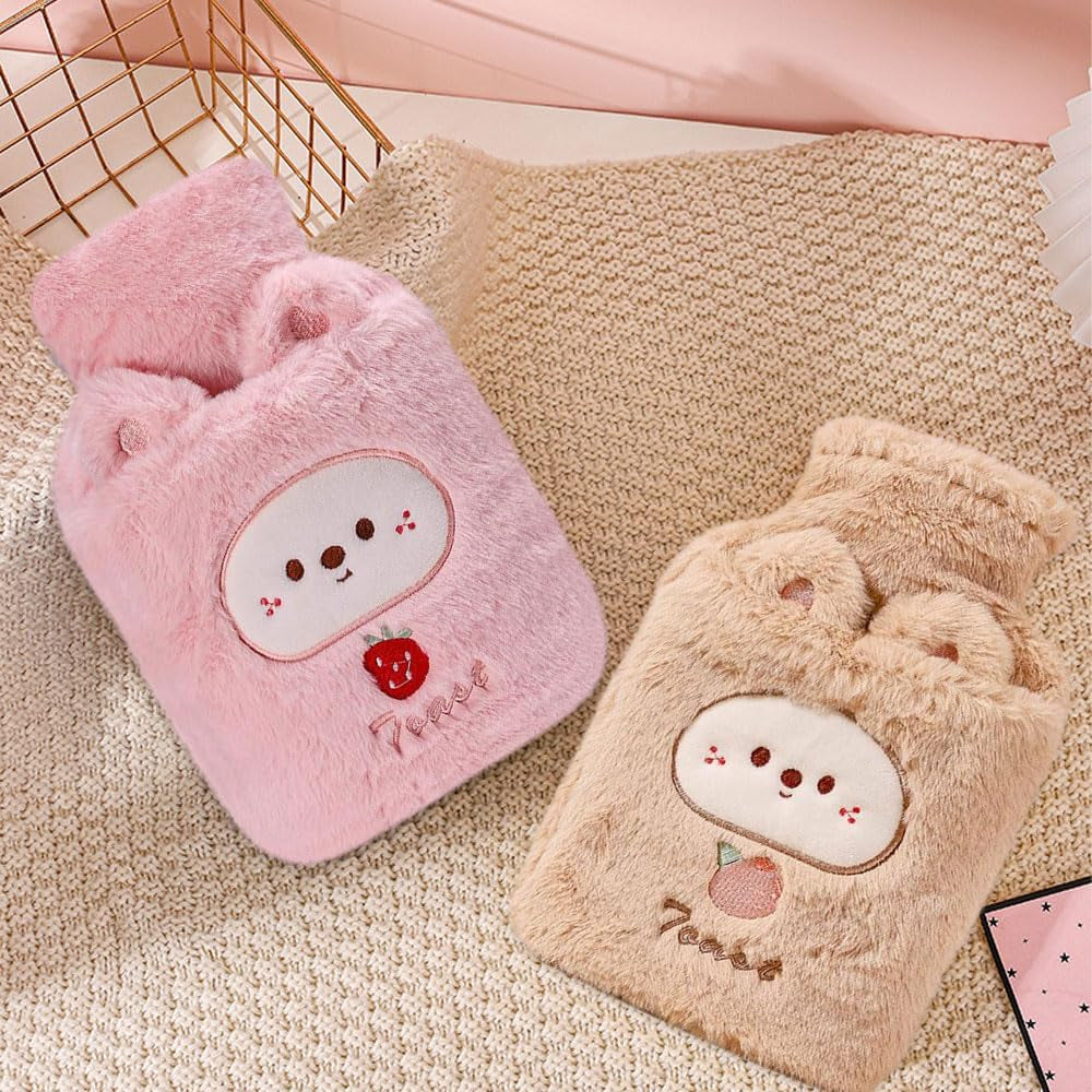Fluffy Hot Water Bottle with Cover, DE Wärmflasche Tier 1000ML Small Hot Water Bottle, Hot Water Bag for Pain Relief, Great Gift for Seniors Children (Pink)
