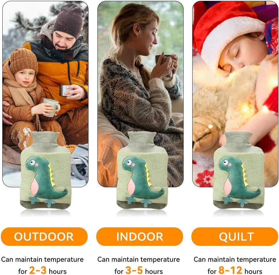 Hot Water Bottle, 2L Large Cute Dinosaur Thickened Super Furry Fluffy Aldult Kids Hot Water Bottle with Cover, Explosion-Proof and Leak-Proof, Can Be Used to Relieve Body Pain