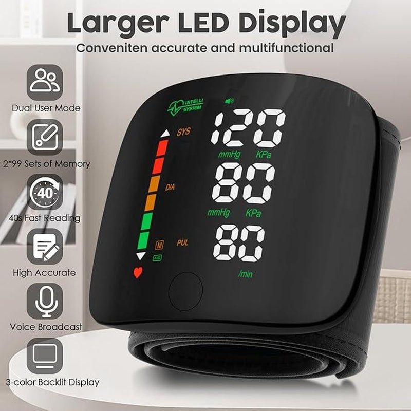 Wrist Blood Pressure Monitor Led Display, Touch Screen Wrist Blood Pressure Cuff 99X2 Reading Memory Wrist Bp Monitor with Carrying Case(Black) Health Monitoring Adjustable