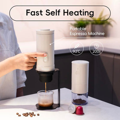 MUUWOW Nano Portable Espresso Maker (Free Grinder) 15Bar Professional High-Pressure Extraction，2-In-1 Brewing Capsules & Ground Coffee，Self-Heating with USB-C 7500Mah Battery,Home & Outdoor