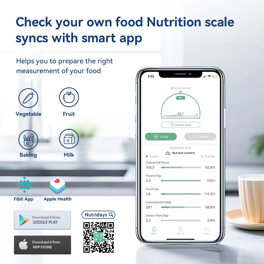 5kg Smart Kitchen Food Scale, Electronic, Nutrition Facts, Meal Scale, Calorie Measuring Scale with Smart App