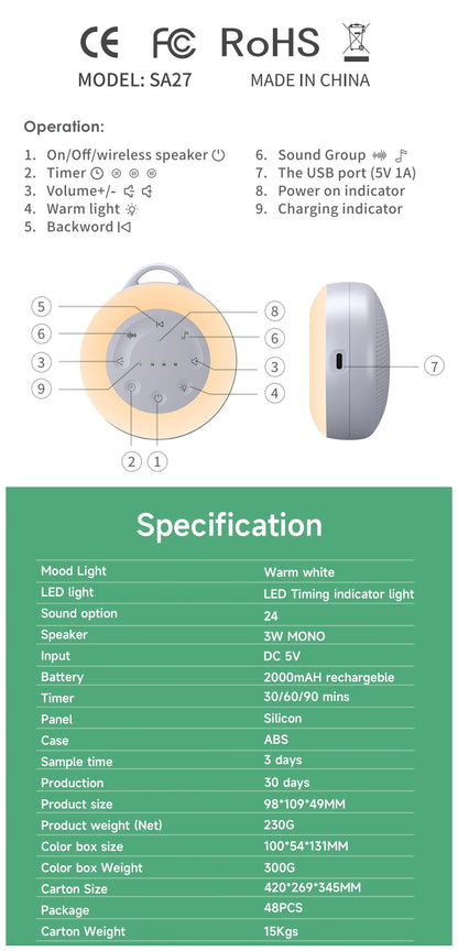 Portable White Noise Sound Machine For Kids and Adults with Night Light