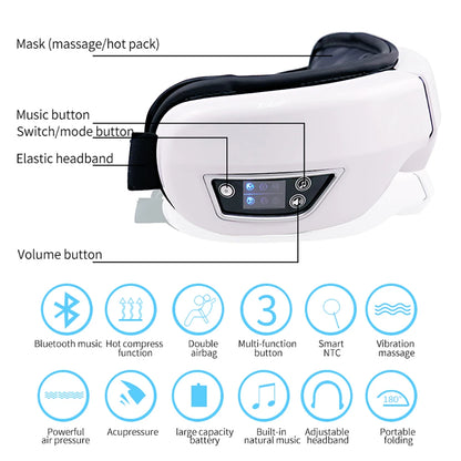 6D Smart Vibration Eye Massager With Hot Airbag Compress, Bluetooth, Music, Eye Massage, Sleep Mask