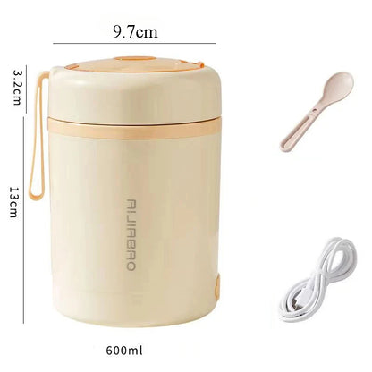 600ML USB Electric Heating Lunch Box, Portable For Picnic, Drink and Food Heater, Stainless Steel Food Warmer Container