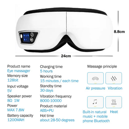 6D Smart Vibration Eye Massager With Hot Airbag Compress, Bluetooth, Music, Eye Massage, Sleep Mask