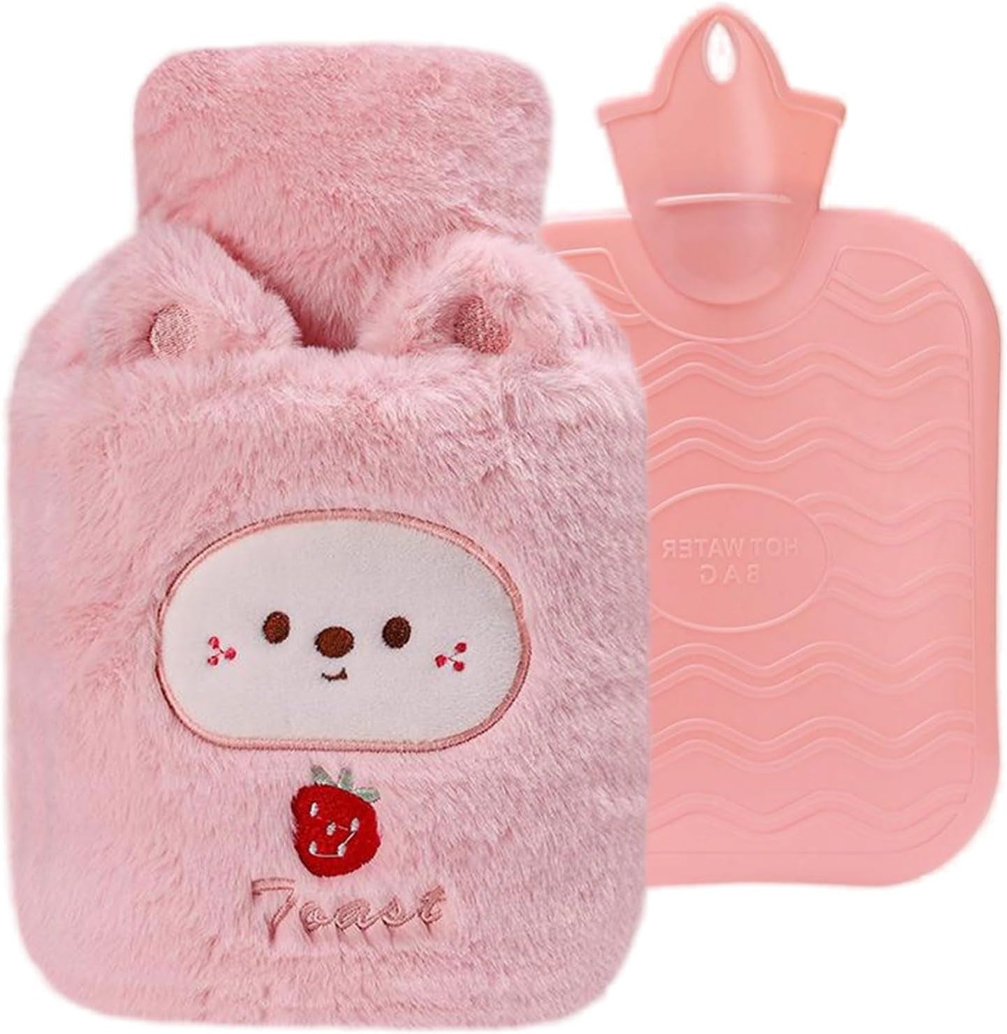 Fluffy Hot Water Bottle with Cover, DE Wärmflasche Tier 1000ML Small Hot Water Bottle, Hot Water Bag for Pain Relief, Great Gift for Seniors Children (Pink)