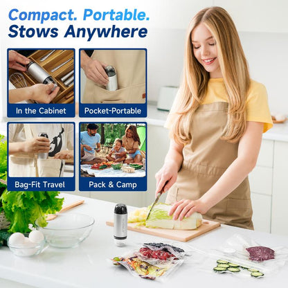 Quicolo Compact Vacuum Sealer with 60Kpa Pro Suction (Incl. 30 Reusable Bags), Ice-Cooling Contact Portable Food Saver for Meal Prep, Camping & Kitchen Clutter