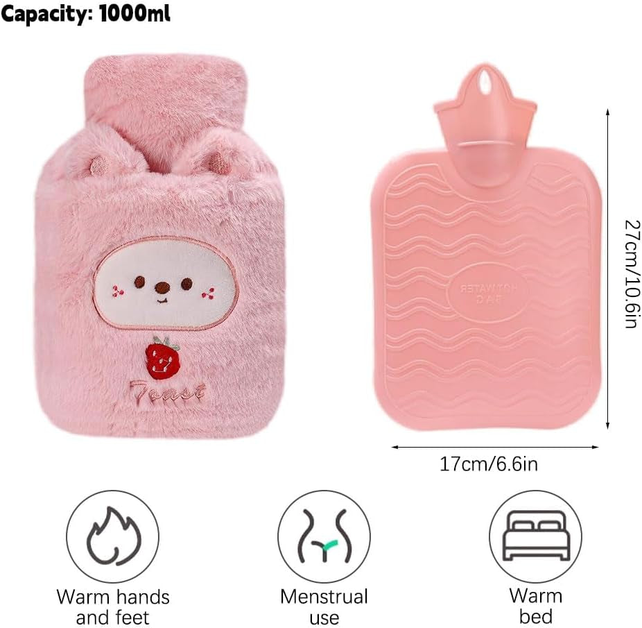 Fluffy Hot Water Bottle with Cover, DE Wärmflasche Tier 1000ML Small Hot Water Bottle, Hot Water Bag for Pain Relief, Great Gift for Seniors Children (Pink)