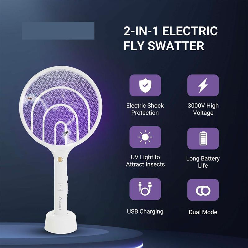 2-Pack 3000V Electric Fly Swatter Mosquito Zapper Rechargeable Bug Racket with USB Charging for Indoor Outdoor Use Kills Bugs Fast