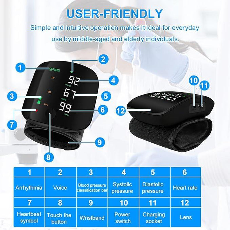 Wrist Blood Pressure Monitor Led Display, Touch Screen Wrist Blood Pressure Cuff 99X2 Reading Memory Wrist Bp Monitor with Carrying Case(Black) Health Monitoring Adjustable